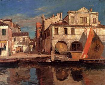Gustav Bauernfeind, Canal Scene in Chioggia with Bragozzo